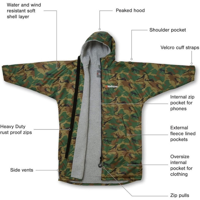 2025 Northcore Beach Basha Sport Long Sleeve Changing Robe / Poncho NOCO24N - Camo